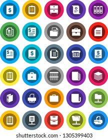 White Solid Icon Set- case vector, clipboard, certificate, document, archive, exam, annual report, binder, receipt, newspaper, network folder, big data, estate, printer