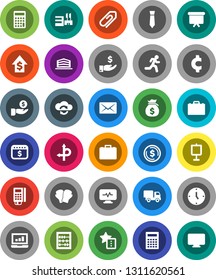 White Solid Icon Set- case vector, calculator, abacus, presentation, dollar coin, laptop graph, money bag, investment, growth, clock, board, tie, calendar, cent sign, boxing glove, run, route, mail