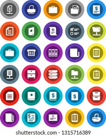 White Solid Icon Set- case vector, clipboard, certificate, document, archive, exam, annual report, binder, receipt, newspaper, network folder, big data, catalog, printer