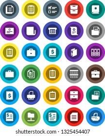 White Solid Icon Set- case vector, clipboard, certificate, document, archive, exam, annual report, binder, receipt, newspaper, network folder, estate, catalog, printer