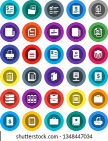 White Solid Icon Set- case vector, clipboard, certificate, document, archive, exam, annual report, binder, receipt, newspaper, big data, network, estate, catalog, printer