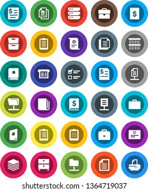 White Solid Icon Set- case vector, clipboard, certificate, document, archive, exam, annual report, receipt, newspaper, network folder, big data, estate, catalog, printer