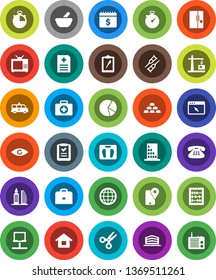 White Solid Icon Set- case vector, scissors, abacus, pie graph, dollar calendar, gold ingot, scales, stopwatch, first aid kit, traking, clipboard, classic phone, eye, crutches, mortar, anamnesis, tv