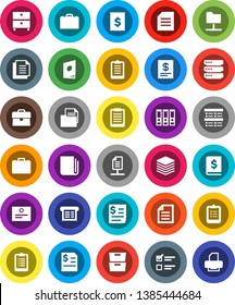 White Solid Icon Set- case vector, clipboard, certificate, document, archive, exam, annual report, binder, receipt, newspaper, network folder, big data, catalog, printer