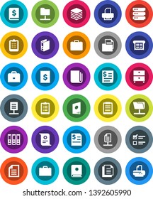 White Solid Icon Set- case vector, clipboard, certificate, document, archive, exam, annual report, binder, receipt, newspaper, network folder, big data, catalog, printer