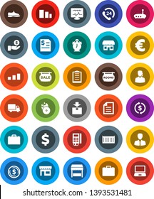 White Solid Icon Set- case vector, alarm clock, document, exchange, dollar coin, manager, investment, annual report, euro sign, snickers, phone 24, sea container, delivery, clipboard, package, rooms
