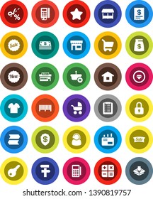White Solid Icon Set- cash vector, star, money bag, sale, new, market, store, mall, support, barcode, card reader, receipt, basket, cart, home, shopping list, calculator, mail, lock, coupon, clothes