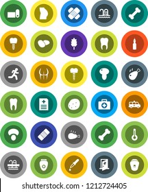 White Solid Icon Set- cereal vector, mushroom, potato, chicken leg, oil, buttocks, fitness mat, pool, first aid kit, bone, run, thermometer, dropper, patch, anamnesis, amkbulance car, tooth, implant