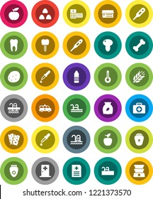 White Solid Icon Set- cereal vector, mushroom, potato, apple fruit, diet, water bottle, cereals, breads, pool, first aid kit, bone, thermometer, dropper, anamnesis, hospital building, amkbulance car