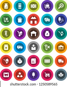 White Solid Icon Set- cereal vector, pasta, delivery, wood box, cargo, no trolley, hook, warehouse, package, search, pills bottle, drop counter, relocation truck, gift