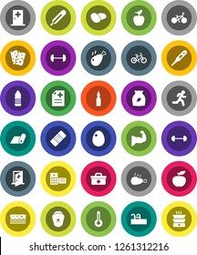 White Solid Icon Set- cereal vector, egg, potato, chicken leg, oil, apple fruit, diet, barbell, bike, muscule hand, water bottle, fitness mat, breads, run, doctor bag, thermometer, patch, anamnesis