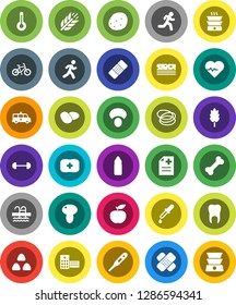 White Solid Icon Set- cereal vector, mushroom, potato, diet, barbell, heart pulse, bike, water bottle, cereals, breads, pool, first aid kit, bone, hoop, run, thermometer, dropper, patch, anamnesis