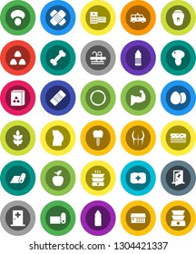 White Solid Icon Set- cereal vector, egg, mushroom, apple fruit, muscule hand, buttocks, water bottle, fitness mat, cereals, breads, pool, first aid kit, bone, hoop, patch, hospital building