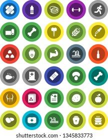 White Solid Icon Set- cereal vector, mushroom, potato, chicken leg, oil, apple fruit, barbell, muscule hand, buttocks, water bottle, fitness mat, cereals, pool, first aid kit, bone, hoop, run, patch