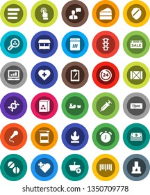 White Solid Icon Set- cereal vector, cake, alarm clock, laptop graph, sports nutrition, heart cross, traffic light, port, wood box, clipboard, flammable, barcode, touchscreen, speaking man, dna
