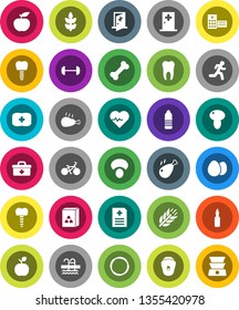 White Solid Icon Set- cereal vector, egg, mushroom, chicken leg, oil, apple fruit, diet, barbell, heart pulse, bike, water bottle, cereals, pool, first aid kit, bone, hoop, run, doctor bag, tooth