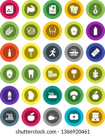 White Solid Icon Set- cereal vector, mushroom, chicken leg, oil, apple fruit, diet, muscule hand, buttocks, water bottle, cereals, breads, pool, first aid kit, hoop, run, thermometer, patch, tooth