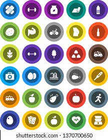 White Solid Icon Set- cereal vector, egg, potato, chicken leg, oil, apple fruit, diet, barbell, heart pulse, bike, muscule hand, buttocks, water bottle, fitness mat, cereals, breads, pool, run