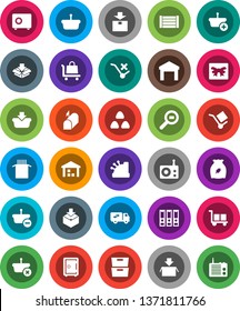 White Solid Icon Set- cereal vector, pasta, archive, binder, safe, wood box, cargo, no trolley, warehouse, package, search, radio, relocation truck, mailbox, gift, cashbox, basket