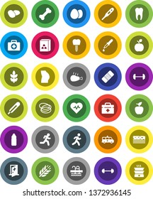 White Solid Icon Set- cereal vector, egg, potato, chicken leg, apple fruit, barbell, heart pulse, buttocks, water bottle, cereals, breads, pool, first aid kit, bone, hoop, run, doctor bag, dropper