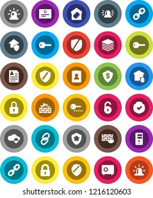 White Solid Icon Set- certificate vector, personal information, safe, protected, link, cloud shield, big data, server, firewall, chain, unlock, key, siren, lock, smart home, protect, dollar