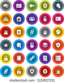 White Solid Icon Set- certificate vector, personal information, dollar shield, safe, link, cloud, big data, server, firewall, chain, unlock, siren, key, smart home, protect, lock