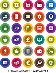 White Solid Icon Set- certificate vector, wallet, cash, piggy bank, investment, dollar growth, coin stack, building, money search, medal, flag, shield, safe, monitor, cursor, any currency, euro sign