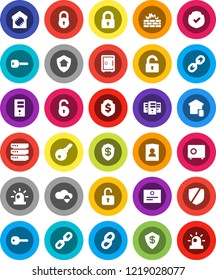 White Solid Icon Set- certificate vector, personal information, dollar shield, safe, protected, link, cloud, big data, server, firewall, chain, lock, unlock, key, siren, smart home, protect