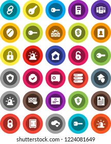 White Solid Icon Set- certificate vector, personal information, safe, protected, link, cloud shield, big data, server, firewall, lock, unlock, key, siren, smart home, protect, dollar, password
