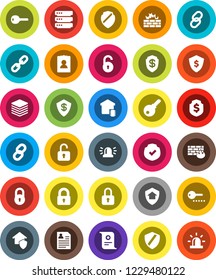 White Solid Icon Set- certificate vector, personal information, dollar shield, protected, link, big data, firewall, chain, lock, unlock, siren, key, smart home, protect, password