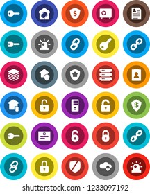 White Solid Icon Set- certificate vector, personal information, dollar shield, safe, protected, link, cloud, big data, server, chain, lock, unlock, key, siren, smart home, protect, password