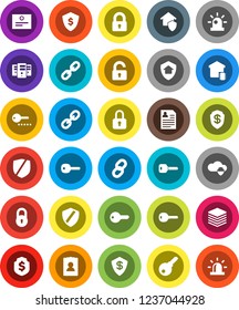 White Solid Icon Set- certificate vector, personal information, dollar shield, protected, link, cloud, big data, server, chain, lock, key, siren, unlock, smart home, protect, password