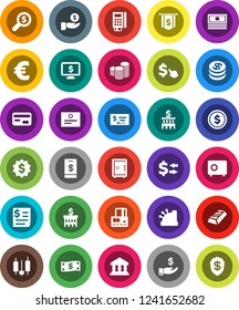 White Solid Icon Set- certificate vector, bank, exchange, dollar coin, gold ingot, japanese candle, credit card, cash, investment, stack, check, building, money search, medal, flag, safe, monitor