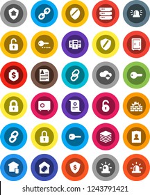 White Solid Icon Set- certificate vector, personal information, dollar shield, safe, link, cloud, big data, server, firewall, chain, unlock, key, siren, lock, smart home, protect, password