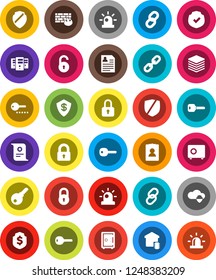 White Solid Icon Set- certificate vector, personal information, dollar shield, safe, protected, link, cloud, big data, server, firewall, chain, lock, unlock, key, siren, smart home, password