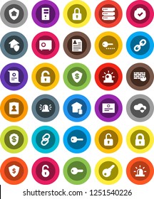 White Solid Icon Set- certificate vector, personal information, dollar shield, safe, protected, link, cloud, big data, server, firewall, unlock, key, siren, lock, smart home, protect, password