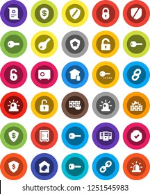 White Solid Icon Set- certificate vector, dollar shield, safe, protected, link, server, firewall, chain, lock, unlock, key, siren, smart home, protect, password