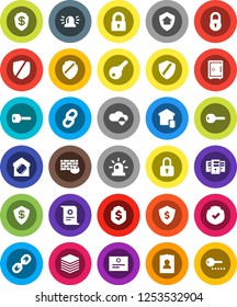 White Solid Icon Set- certificate vector, personal information, dollar shield, safe, protected, link, cloud, big data, server, firewall, chain, lock, key, siren, smart home, protect, password