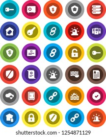 White Solid Icon Set- certificate vector, personal information, dollar shield, safe, protected, link, cloud, big data, server, firewall, chain, key, siren, lock, unlock, smart home, protect