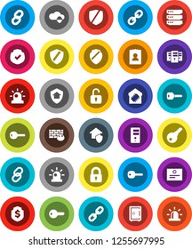 White Solid Icon Set- certificate vector, personal information, dollar shield, safe, protected, link, cloud, big data, server, firewall, chain, key, siren, lock, smart home, protect, unlock