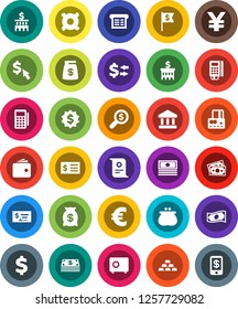 White Solid Icon Set- certificate vector, bank, exchange, credit card, wallet, cash, check, building, receipt, money search, dollar medal, flag, safe, cursor, any currency, euro sign, yen, bag