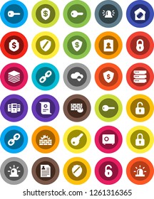 White Solid Icon Set- certificate vector, personal information, dollar shield, safe, link, cloud, big data, server, firewall, chain, lock, unlock, key, siren, smart home, password
