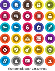 White Solid Icon Set- certificate vector, personal information, dollar shield, safe, protected, cloud, big data, firewall, chain, unlock, key, siren, lock, smart home, password