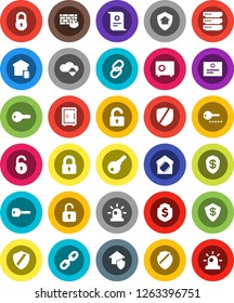 White Solid Icon Set- certificate vector, dollar shield, safe, protected, link, cloud, big data, firewall, chain, lock, unlock, key, siren, smart home, protect, password