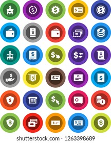 White Solid Icon Set- certificate vector, exchange, dollar coin, credit card, wallet, investment, stack, check, bank building, receipt, medal, flag, shield, safe, cursor, tap pay
