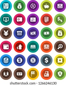 White Solid Icon Set- certificate vector, exchange, dollar coin, japanese candle, credit card, wallet, cash, money bag, piggy bank, growth, search, flag, safe, monitor, cursor, any currency, receipt