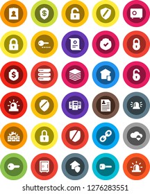 White Solid Icon Set- certificate vector, personal information, dollar shield, safe, protected, link, cloud, big data, server, firewall, lock, unlock, key, siren, smart home, protect, password