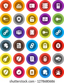 White Solid Icon Set- certificate vector, personal information, dollar shield, safe, protected, link, cloud, big data, server, firewall, chain, lock, key, unlock, smart home, protect, password