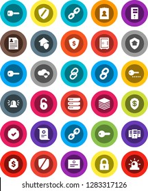 White Solid Icon Set- certificate vector, personal information, dollar shield, safe, protected, link, cloud, big data, server, chain, unlock, key, siren, lock, home protect, password