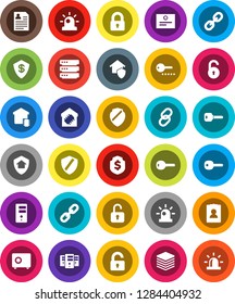White Solid Icon Set- certificate vector, personal information, dollar shield, safe, link, big data, server, chain, unlock, key, siren, lock, smart home, protect, password